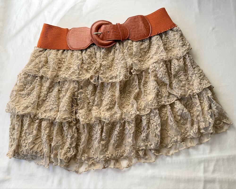 Vintage Y2K Deb Tiered Lace Ruffle Mini Skirt w/ Attached Belt Junior’s Size 1X